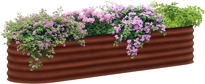 Outsunny 8' x 2' x 1.4' Galvanized Raised Garden Bed Kit, Outdoor Metal Elevated Planter Box with Safety Edging, Easy DIY Stock Tank for Growing Flowers, Herbs & Vegetables, Brown