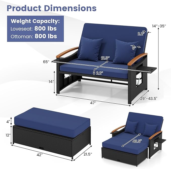 Tangkula Patio Rattan Daybed with 4-Level Adjustable Backrest, Outdoor Wicker Loveseat with Acacia Wood Armrest, Storage Ottoman & Folding Tray, Double Sunbed for Yard & Poolside (Navy & Black)