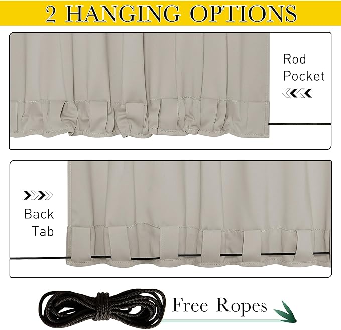 NICETOWN 2 Panels Fixed Outdoor Curtains for Patio Waterproof, Top & Bottom Grommet & Back Tab Windproof Drapes Thermal Insulated Blackout Outdoor Blinds for Porch/Gazebo, W52 x L84, Natural