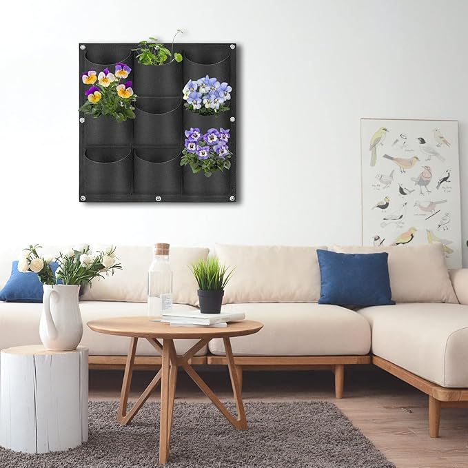 9 Pockets Hanging Planter Bags, Hanging Vertical Wall Mounted Plant Planting Grow Bags, Herb Garden Planter Outdoor Indoor Growing Bag, Gardening Vertical Greening Flower Container(0.5m×0.5m, Black)
