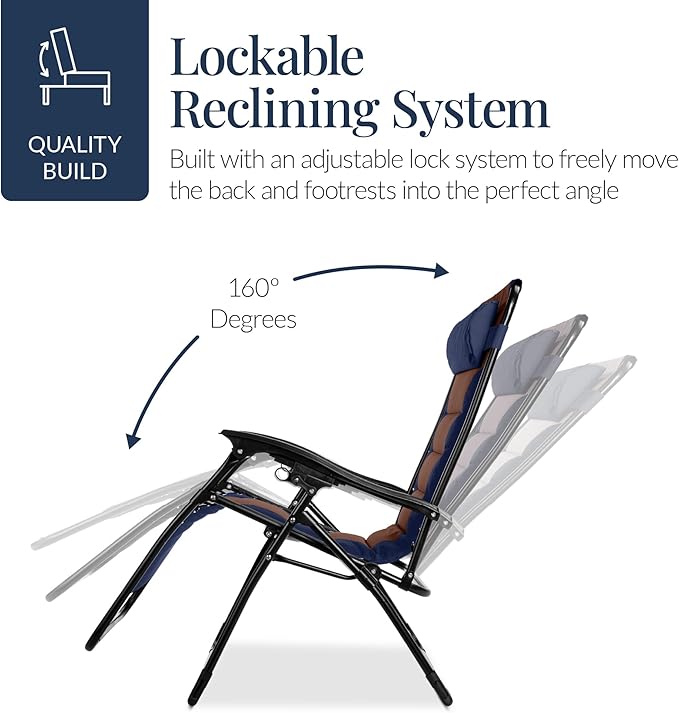 Best Choice Products Oversized Padded Zero Gravity Chair, Folding Outdoor Patio Recliner, XL Anti Gravity Lounger for Backyard w/Headrest, Cup Holder, Side Tray, Polyester Mesh - Navy/Brown