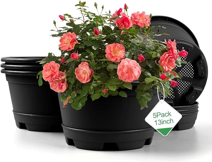 Outdoor Flower Pots 5 Packs 13 inch pots for Plants Modern Decorative Garden Pot with Saucer, Lightweight Large Resin Planters for Indoor Plants,Decorative Resin Plant pots