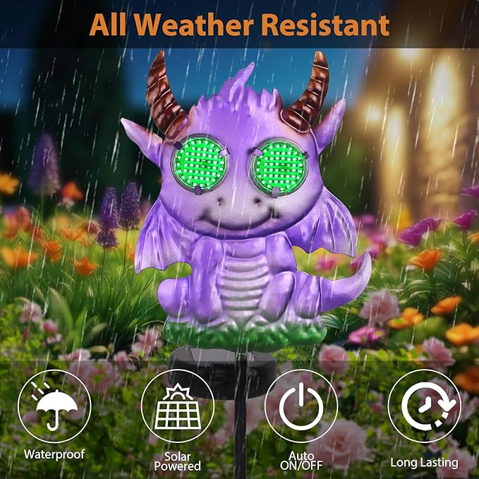 Fantasy Dragon Garden Stakes Decorative 39.7" with Moving Solar Eyeballs, Purple Dragon Garden Decor Pathway Lights for Outside Patio Lawn Yard Metal Art
