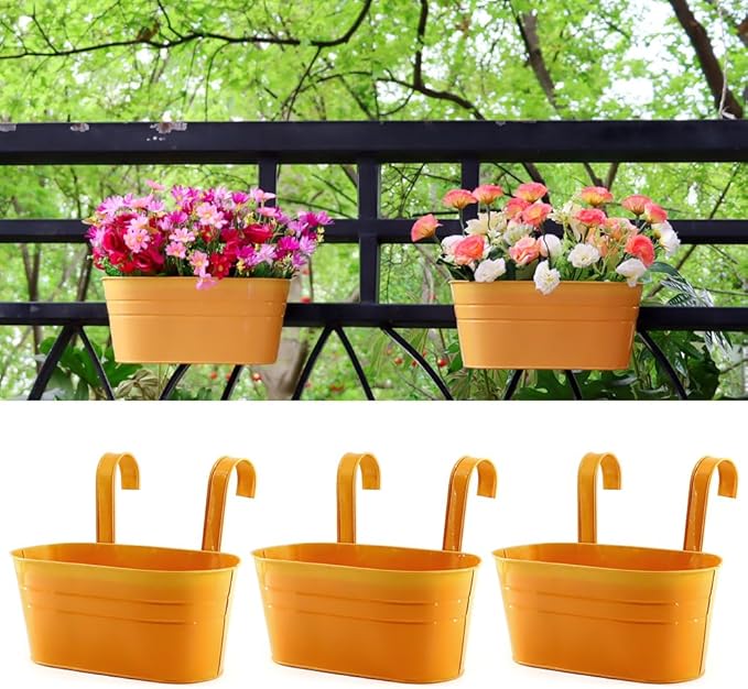 3 Pack Metal Railing Planters, 10.5" Oval Hanging Flower Pots with Detachable Hooks & Drainage Holes, Fits Rails up to 2.36", Galvanized Iron Fence Bucket for Balcony Garden Patio - Orange