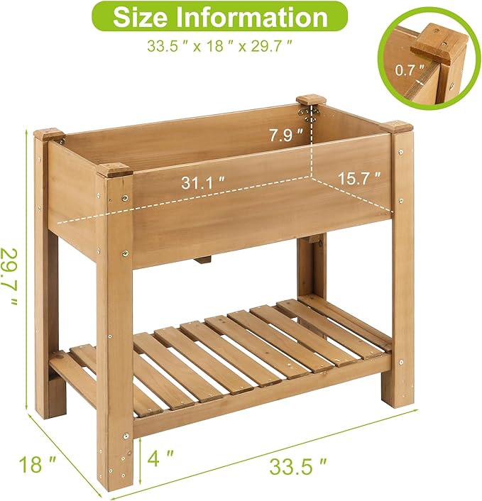 Raised Garden Bed with Legs - Elevated Wooden Planter Box, Durable Fir Wood, Reinforced Frame with Drainage Holes, Liner, and Storage Shelf for Vegetables, Herbs, Flowers, 33.5" x 18" x 30"