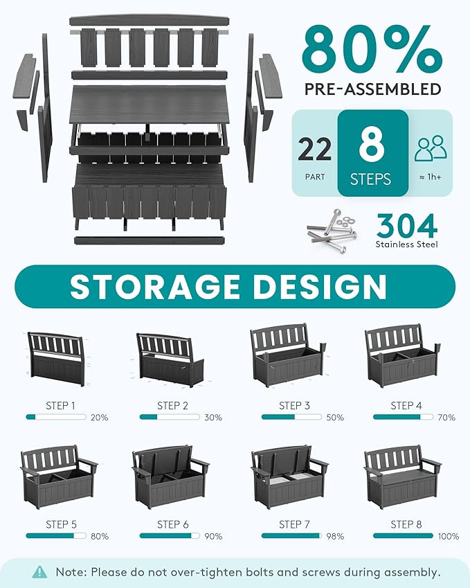SERWALL HDPE Outdoor Storage Bench, All-Weather, UV-Resistant Deck Box with Waterproof Storage Bags, 57 Gallon Dual-Use Seat & Organizer Deck Boxes for Patio, Garden Tools & Pool (Gray)