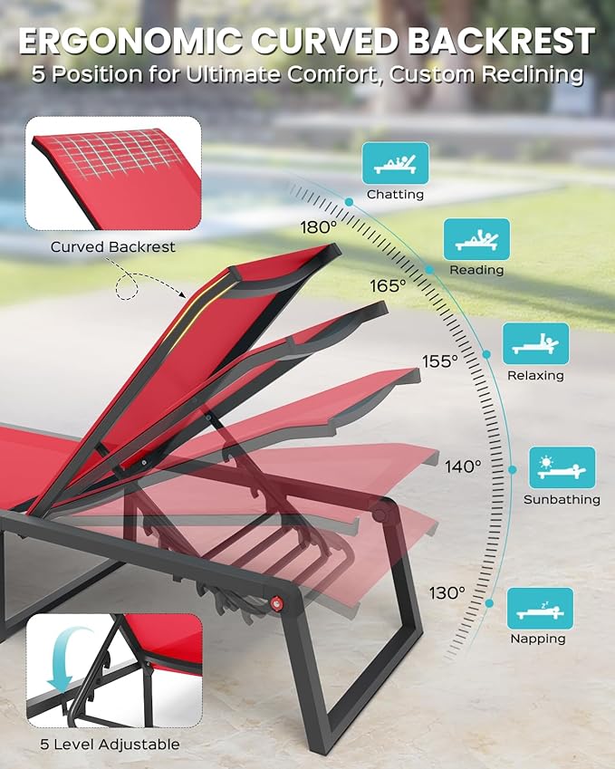Aluminum Chaise Lounge Chair Outdoor, Foldable & Assembly Free Patio Pool Lounge Chairs 5-Position Recliner for Outside Poolside, Fully Grounded Legs Sun Lounger for Beach, Yard, Red