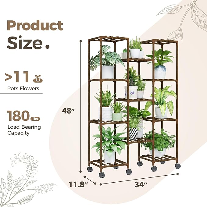 Bamworld Plant Stand With Wheels Indoor Outdoor Wood Plants Shelf for Multiple Plants 11 Pots,Tall Large Flower Holder for Living Room, Patio, Balcony, Garden