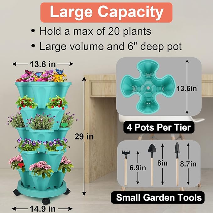 DUNCHATY Stackable Planter, Teal, 6 Tier Garden Tower, Self Watering, Indoor/Outdoor, with Garen Tool Set