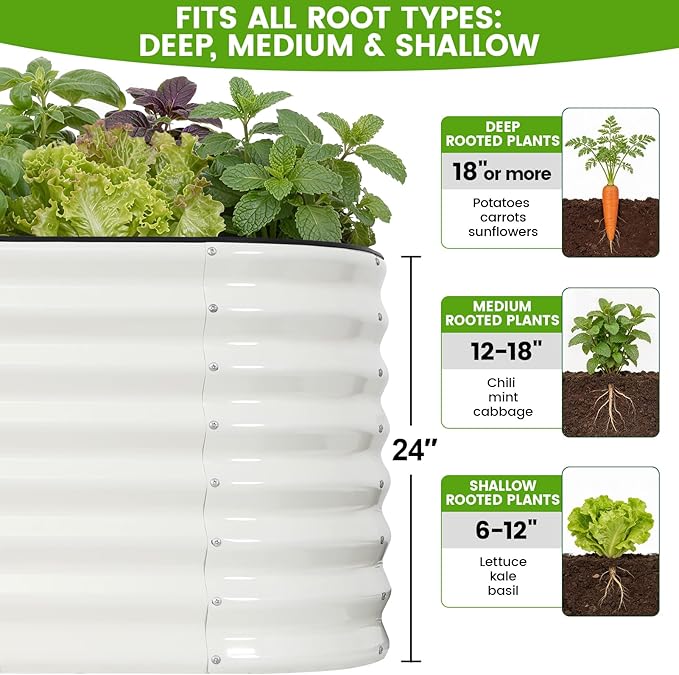 Galvanized Raised Garden Bed Outdoor 24'' Deep | Oval Metal Garden Beds with Easy Assembly & Planter Box for Planting Deep Root Vegetables Fruits Flowers, 6x2x2ft White