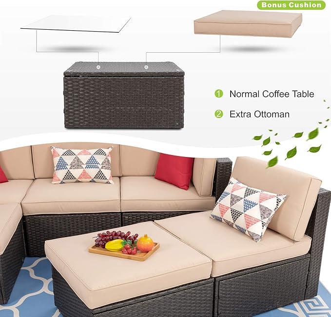 Vongrasig 6 Piece Patio Furniture Set, Small Outdoor Sectional Sofa Couch, All Weather PE Wicker L-Shaped Corner Patio Sofa Garden Backyard Patio Conversation Set w/Glass Table, Beige