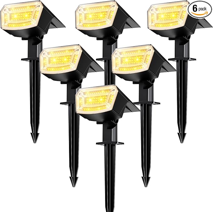 TECKNET Spot Lights Outdoor with 59 LED, 6 Pack Solar Lights Outdoor Waterproof IP65, Auto On/Off Solar Spot Lights, 3 Lighting Modes Solar Powered Garden, 2-in-1 Solars Landscape Light (Warm White)