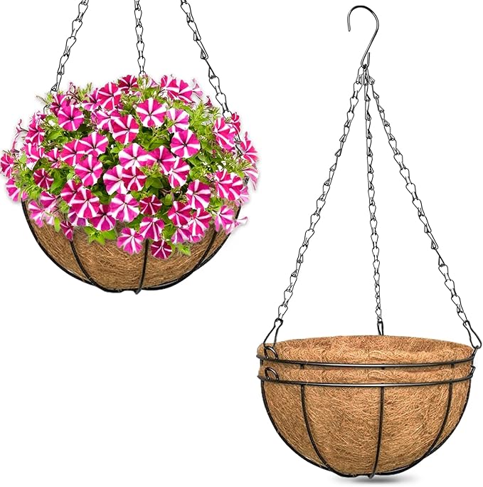 ZeeDix 3 Pack 10 Inch Metal Round Hanging Planter Basket with Coconut Liners Replacement, Hanging planters Baskets with Natural Coco Liner for Outdoor Indoor Planters Flowers Vegetables