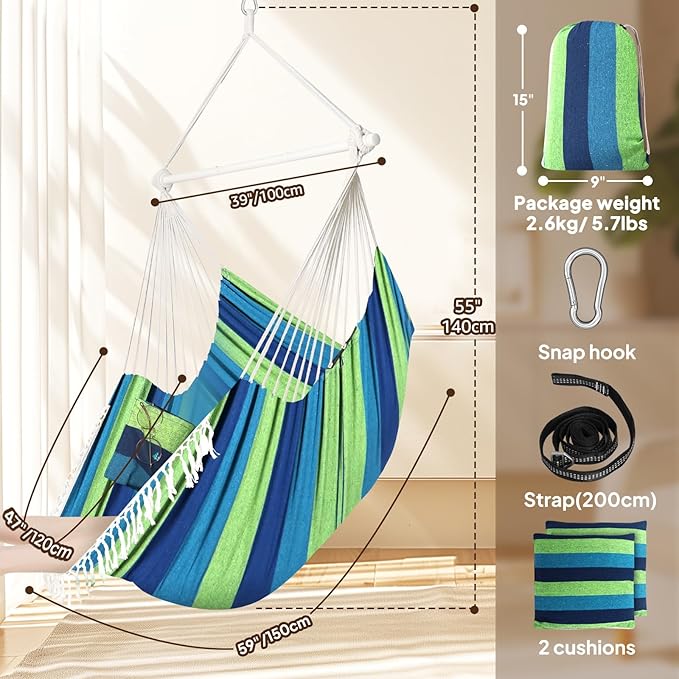 Chihee Hammock Chair 4.9ft x 3.9ft Max 500 Lbs Widen Hanging Swing 2 Cushions Included Metal Spreader Bar with Anti-Slip Grooves Portable Comfy Hanging Chair Side Pocket Bohemian Chair Indoor Outdoor