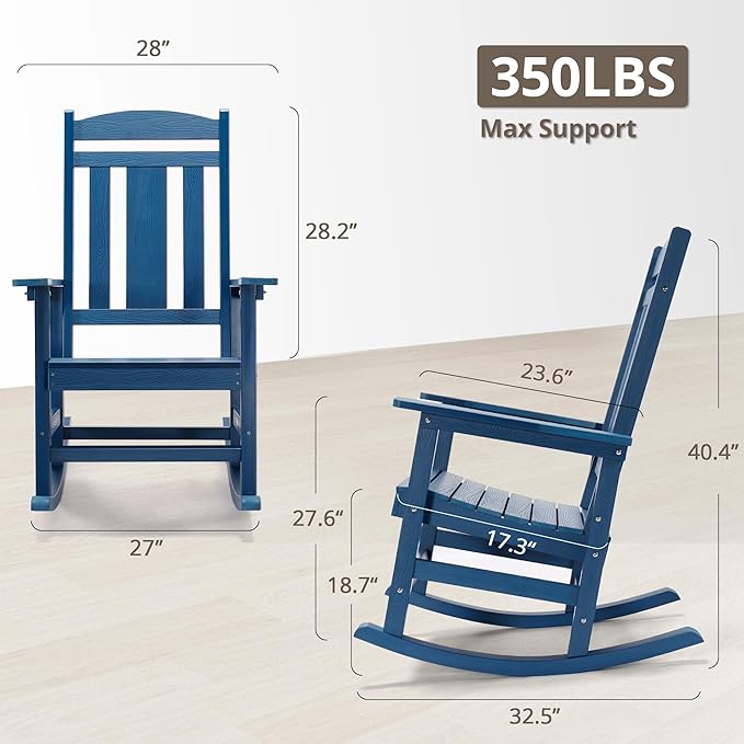 LUE BONA Outdoor Rocking Chairs Set of 4, Weather Resistant HDPS Poly Rocker Chairs, 350lb Heavy Duty, Oversized Porch Rocker for Adult, High Back Smooth Rocking for Outdoor & Indoor, Blue