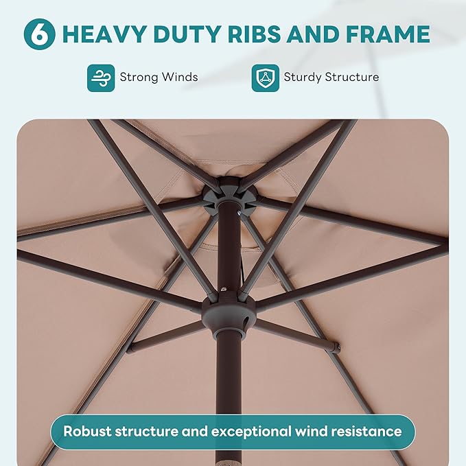 OLIXIS 7.5ft Patio Umbrella with Tilt and Crank Button & 8 Sturdy Ribs Waterproof, Patio Table Umbrella Perfect for Poolside, Terrace, Beach and Outdoor Restaurant, Khaki