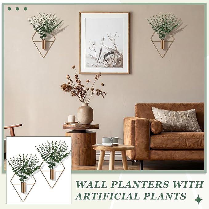 4 Pieces Bronze Wall Decor Hanging Planters with Artificial Plants Metal Hanging Vase Indoor Plants Holder Modern Boho Wall Art for Bathroom Bedroom Living Room Decor, Eucalyptus