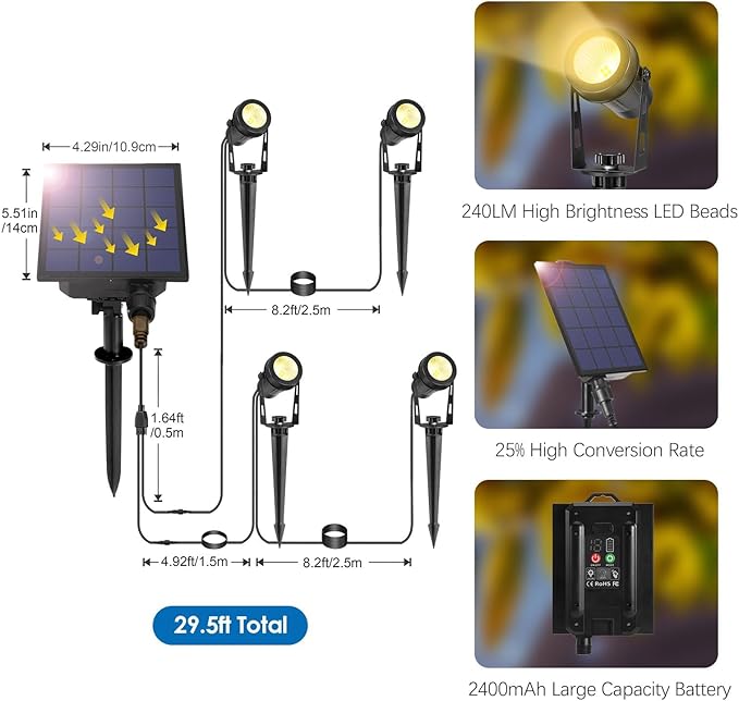 ALOVECO Solar Spot Lights Outdoor 4-in-1 Solar Powered Spotlights IP65 Waterproof with Remote 29.5ft Cable Auto On/Off 8 Modes Solar Uplights Outdoor for Garden Yard Landscape Tree 2700K Warm White