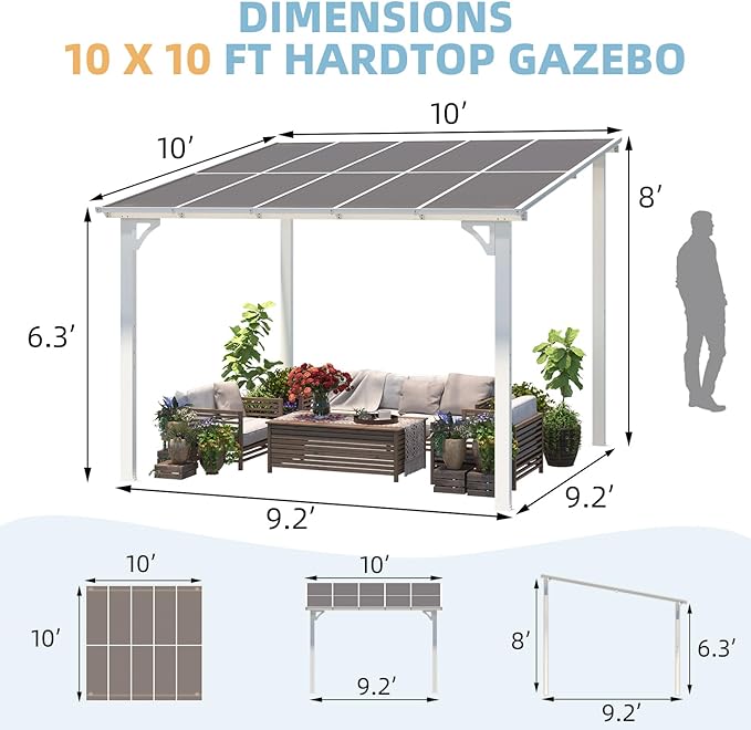 AECOJOY 10' x 10' Pergola Gazebo in White, Small Wall Mounted Pergolas and Gazebos on Clearance, Outdoor Patio Lean to Gazebo Metal Awnings for Deck, Porch, Backyard and More