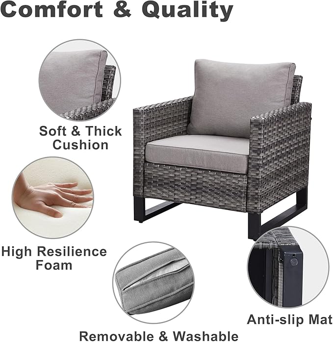Belord Wicker Patio Furniture 5 Piece Outdoor Sofa Set, Oversize Outdoor Dining Chairs with Rattan Ottomans, Conversation Sets Patio Furniture Come with Removable Washable Cushion Grey