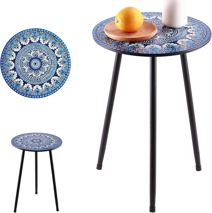 Metal Outdoor Side Tables Set of Two Small Outside Round End Table for Patio Modern Accent Garden Corner Table for Small Spaces, Balcony, Porch, Weather-Resistant, Plant Stand Indoor, Blue