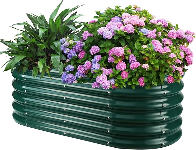 17" Tall Outdoor Garden Raised Garden Bed Kits, 4ft X 2ft Oval,0.8MM Thick Metal Raised Planter Bed/Ground Planter Box for Variety of Flowers,Herbs,Vegetables (Dark Green, 48X24X16.5 Inches)