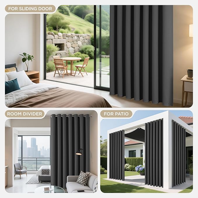 Joydeco Blackout Patio Sliding Door Curtains 90 Inches Long, Grommet Privacy Room Divider Curtains, Extra Wide Thermal Blackout Drapes for Bedroom Living Room (Grey, 100Wx90L, 1 Panel)