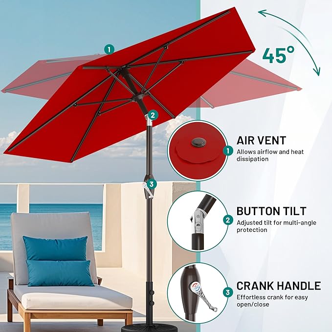 AreShark 7.5FT Patio Umbrella Table Market Umbrella with 6 Sturdy Ribs, Button Tilt/Crank Heavy-Duty Round Outdoor Umbrellas for Garden, Deck, Backyard,and Pool, Red