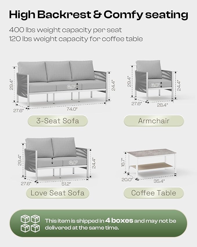Aluminum Outdoor Patio Couch, 3 Seats HDPE Rope Patio Sofa with Washable Thick Cushion, All-Weather Patio Furniture for Balcony, Yard, Silver Frame, Silver