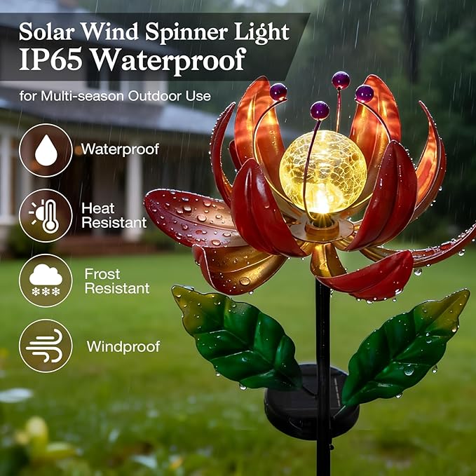 Solar Lights Outdoor Wind Spinners, Metal Lotus Flower Garden Decor with Waterproof LED Crackle Glass Globe for Patio Lawn Yard Outdoor Decor
