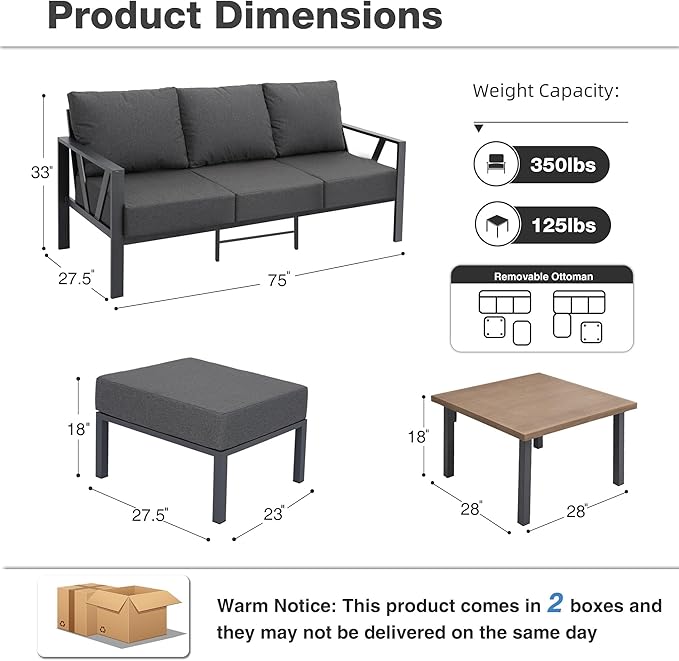 Outdoor Furniture Set, Patio Couch Sectional with Ottoman, 3 Pieces Outdoor Patio Sofa Set Deep Seating with 6" Thick Cushions, Dark Grey