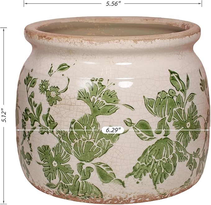Tuscan Ceramic Indoor Plant Pot & Vase for Home Decor, 6.29'' Rustic Farmhouse Planter w/Drainage for Snake Plant, Pothos and Houseplants, Vintage Office & Tabletop Decoration, Gift for Mom (Green)