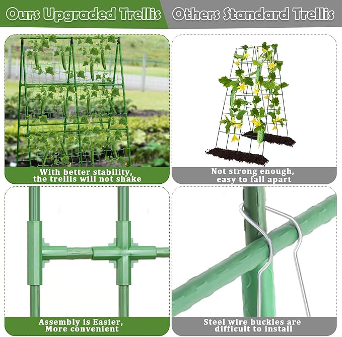 2 Packs Cucumber Trellis for Raised Beds, 31 X 47 Inch Adjustable Size A-Frame Garden Trellis for Climbing Plant Outdoors with Climbing Net and Plant Support Clip for Vegetable Grape Garden Supplies