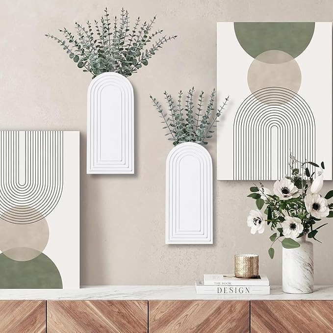 2 Pack Wooden Wall Vase Set - White Finish Modern Farmhouse & Boho Wall Decor for Entryway, Hallway, Bathroom, Living Room, Dining Room, Narrow Spaces