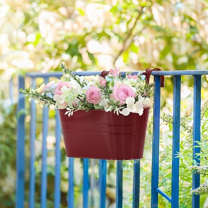 3 Pack Metal Railing Planters, 10.5" Oval Hanging Flower Pots with Detachable Hooks & Drainage Holes, Fits Rails up to 2.36", Galvanized Iron Fence Bucket for Balcony Garden Patio - Red