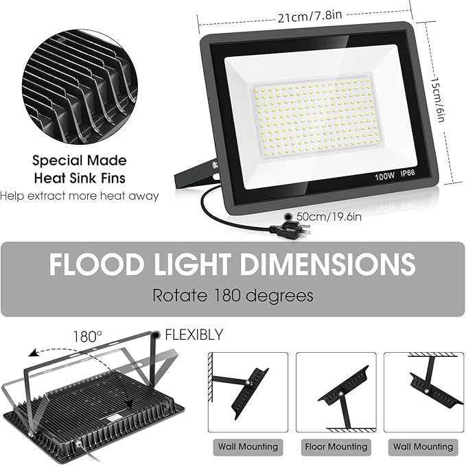 4 Pack 100W LED Flood Light,Super Bright Exterior Security Lights With Plug,IP66 Waterproof Outdoor Flood Light, 11600lm 5000K Daylight White Floodlight for Yard, Garden,Basketball Court, Arena
