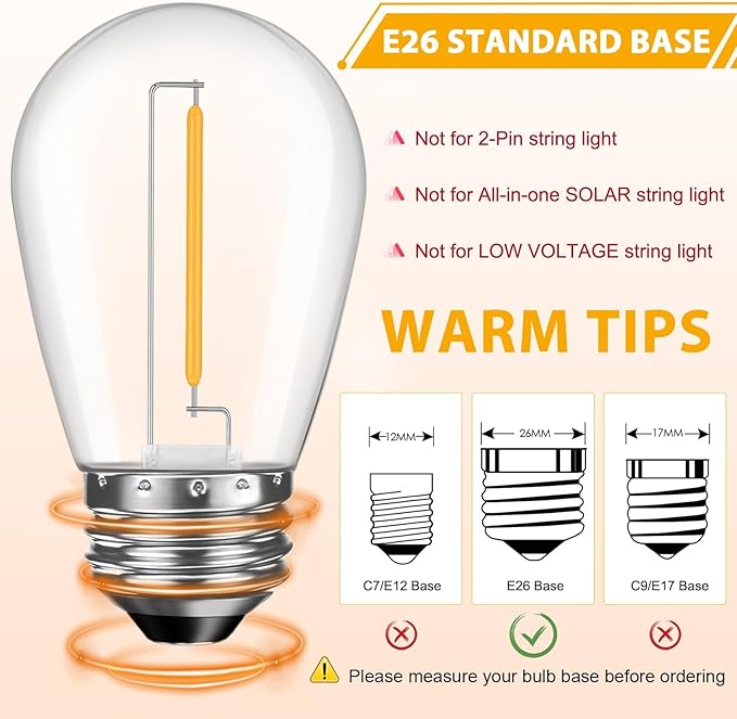 64 Pack S14 LED Bulbs for Outdoor String Lights, Shatterproof Replacement Edison Bulbs for Patio String Lights Outdoor Waterproof, Warm White 2200K, Dimmable, E26 Standard Base