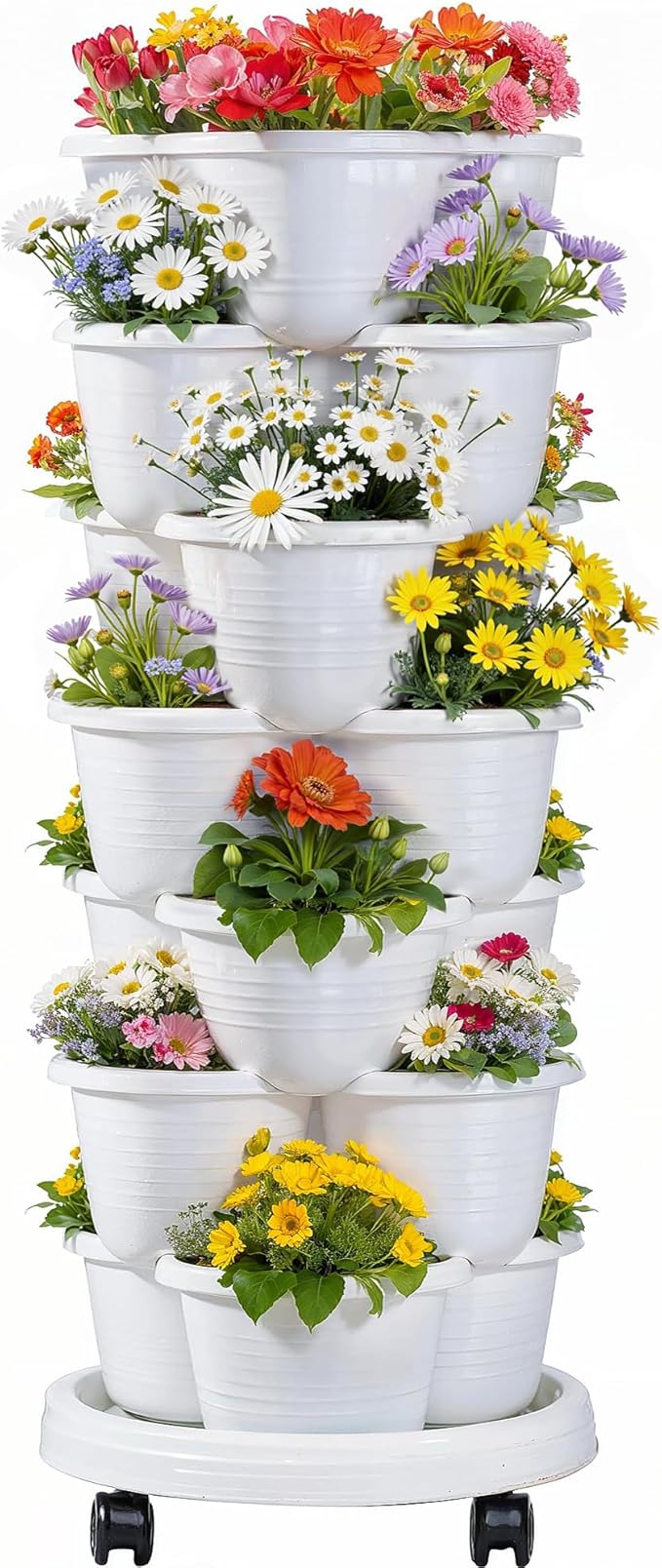 VECELO 7 Tier Vertical Garden Planter, Self Watering Stackable Planters with Wheels for Strawberries, Herbs, Flowers, Vegetables, White