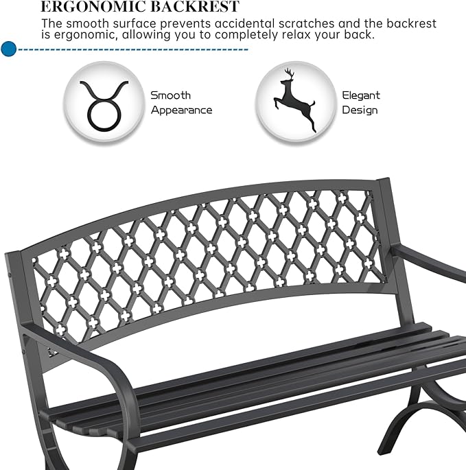 On Shine 50'' Patio Garden Bench, Loveseats Patio Park Bench,Black Steel Cast Iron Frame Bench,Metal Bench Outdoor for Porch Yard Lawn Deck (Grid)