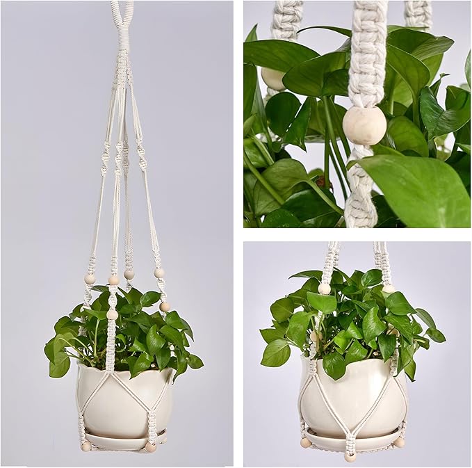 Macrame Plant Hanger Set of 2, 35 Inch Indoor Hanging Planter with 4 Hooks, Macrame Plant Hangers for Pots, No Tassels Boho Home Decor, Ivory (Pots Not Included)