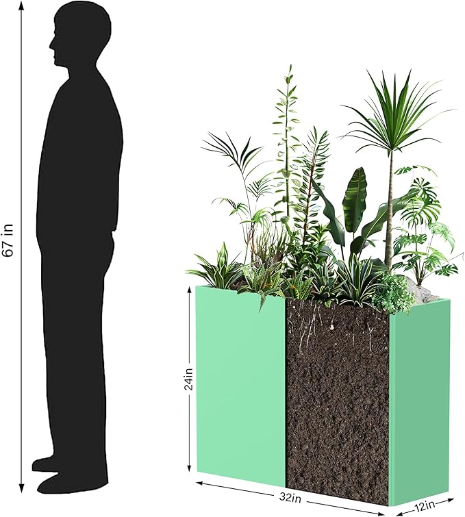 Rectangular Planter Box with Removable Insert Shelf - 32x12x24 Inches Large Size Planters for Patio Yard, Green