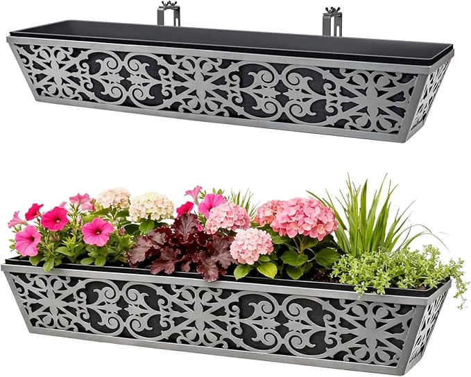 2 Pack 30 Inch Window Boxes Planter for Outdoor Plants Deck Railing Planters Box with Adjustable Brackets for Porch Fence Balcony Hanging Flower Baskets with Non-Woven Fabric Liner for Garden Décor
