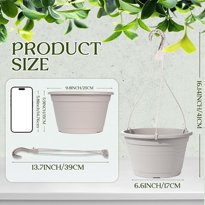 VIDELLY 4 Pcs Hanging Planters,10" Hanging Pots Plastic Hanging Flower Plant Basket with Drainage Trays & Chain Holder for Outdoor Indoor Plants Garden Balcony Decoration, Light Gray