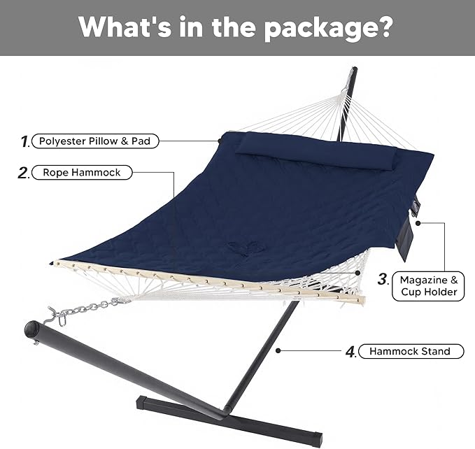 SUNCREAT Two Person Hammock with Stand, Heavy Duty Backyard Hammock and Stand, Navy Drops
