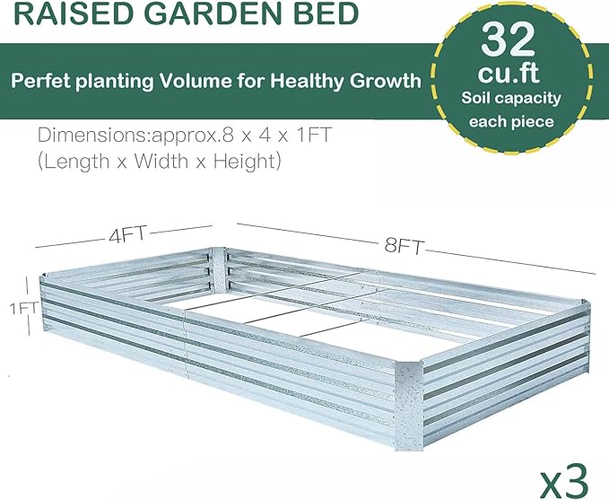 Galvanized Steel Garden Bed 3-Pack, 8x4x1ft Large Raised Planter Box for Vegetables, Outdoor Metal Garden Kit with Overlapping Side Panels, Strong & Stable