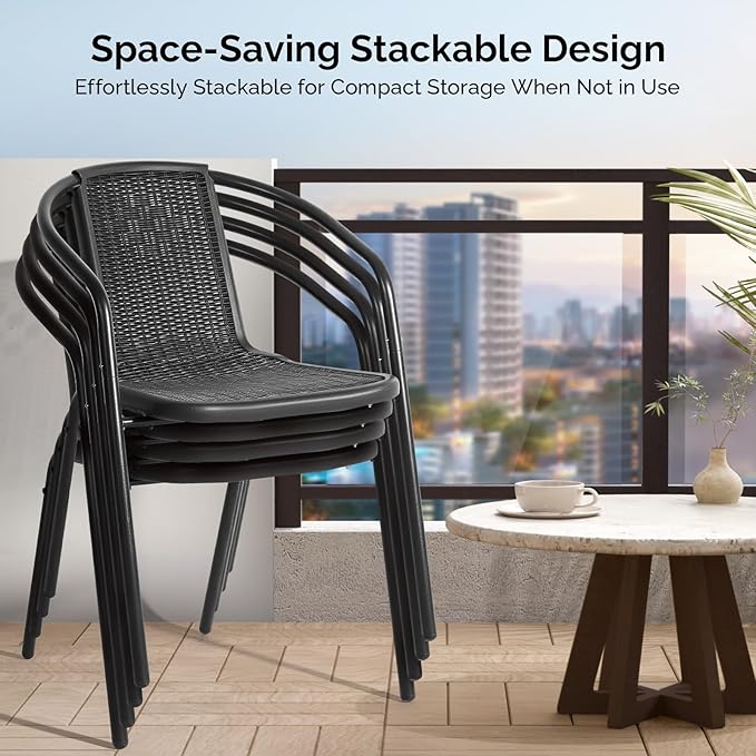 VINGLI PE Rattan Outdoor Dining Chairs Set of 4, Plastic Stackable Patio Chairs for Indoor, Porch, Restaurant, Garden, Black