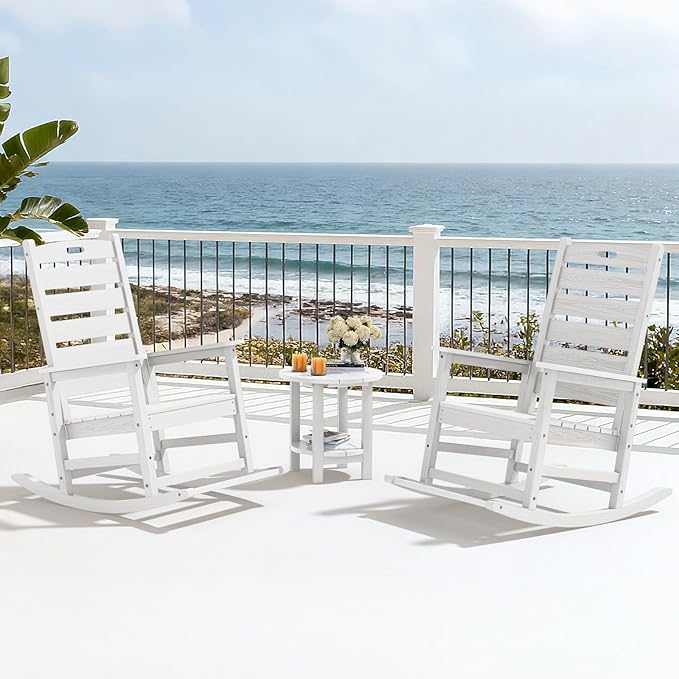 SERWALL Outdoor Rocking Chair Set of 2, Oversized Rocking Chair with Footboard for Adults, HDPE All Weather Resistant Rocking Chairs for Patio, 350lbs Weight Capacity, White