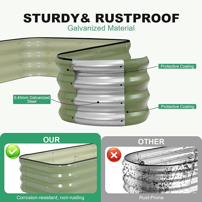 1MORE Raised Garden Bed -8X2X1 Galvanized Planter Box for Outdoor Gardening,5 in 1 Modular Raised Bed Kit with Protective Tape, Gloves for Herb,Ideal for Vegetables and Plants.Green-2pack