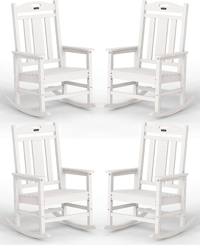 Ciokea Oversized Outdoor Rocking Chairs Set of 4, 380lbs Heavy-Duty Large Patio Rocker, High Back Cozy Porch Chairs, Weather Resistant Patio Rocking Chairs for Outside, Fire Pit, Deck, White
