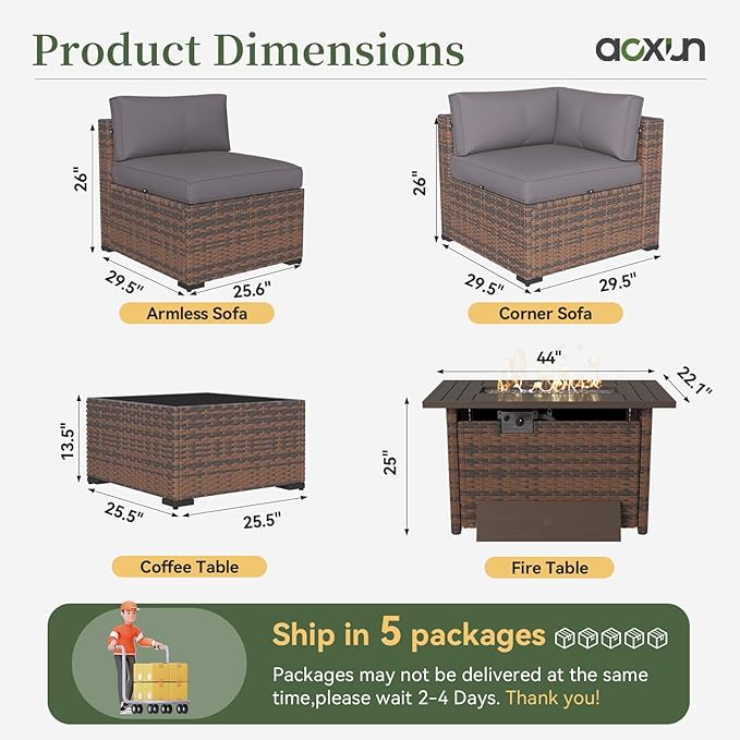 Aoxun 15 Piece Patio Furniture Set with 44” Fire Pit Table Wicker Rattan Outdoor Sectional Sofa Set with Coffee Table and Thickened Cushions, Grey (Waterproof Cover Included)